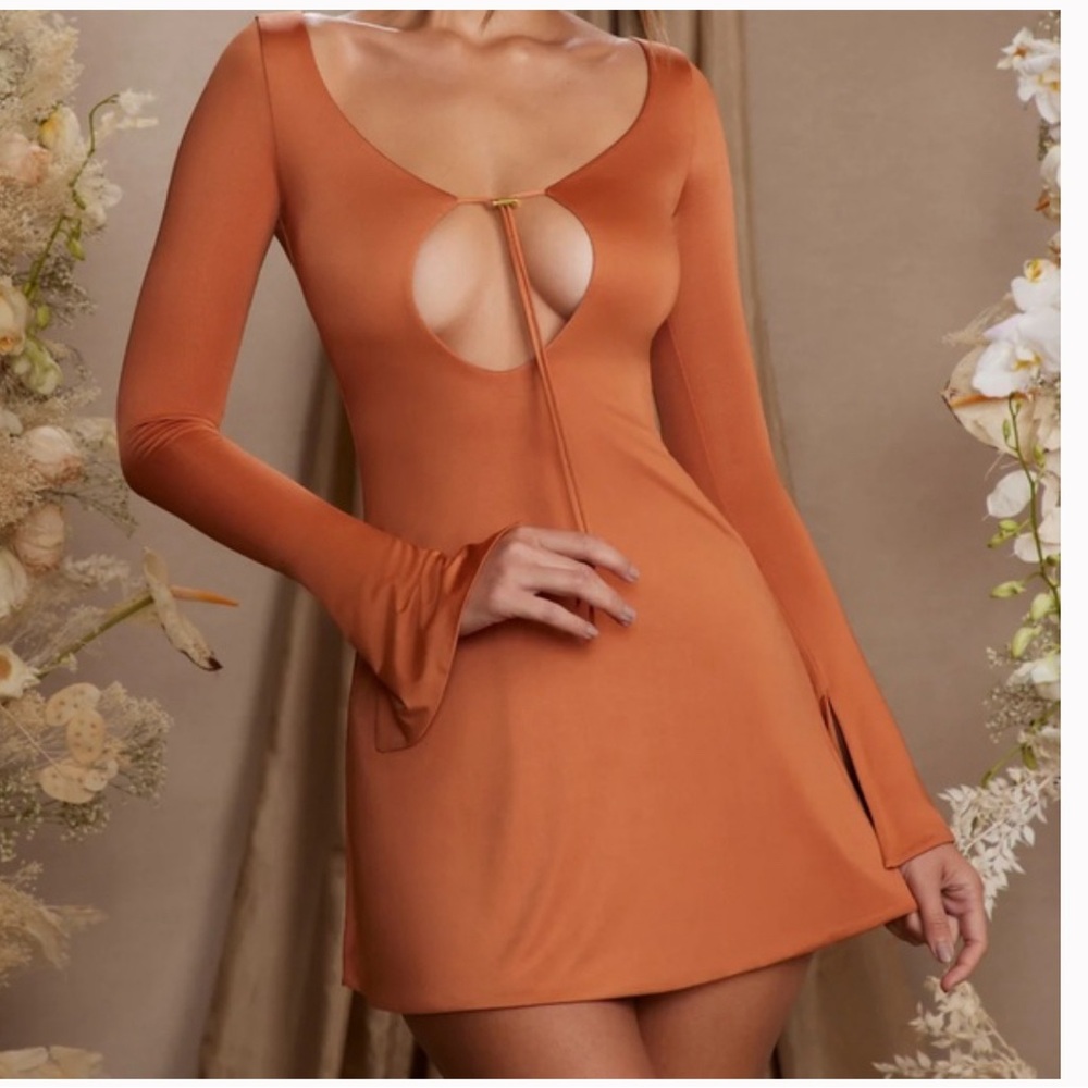 BRAND NEW Oh Polly Cosette Long Sleeve Cut Out A-Line Mini Dress in Tan